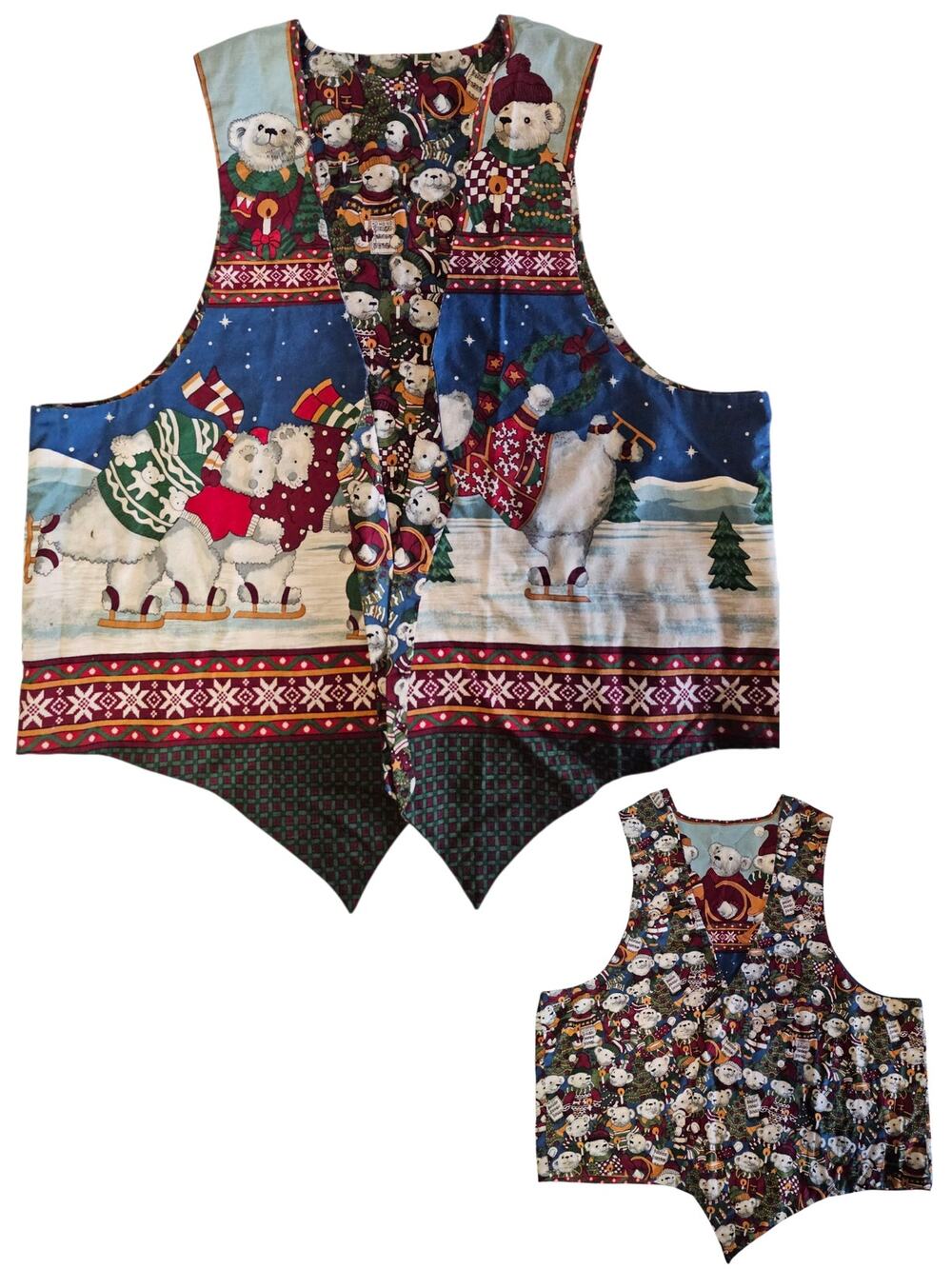 Vintage Christmas granny vest polar bears ice skating holiday Unisex 2X 3815